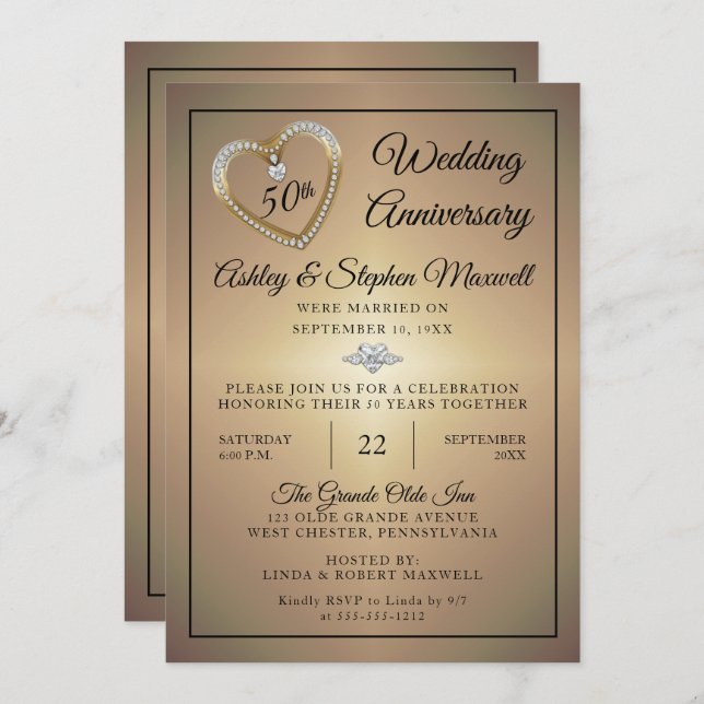 Heart Diamonds 50th Wedding Anniversary Party Invitation (Front/Back)