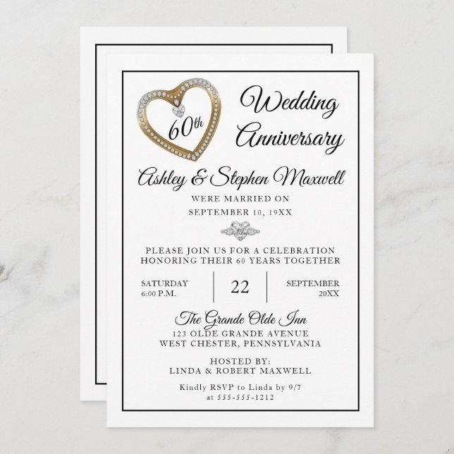 Heart Diamonds 60th Wedding Anniversary Party Invitation (Front/Back)