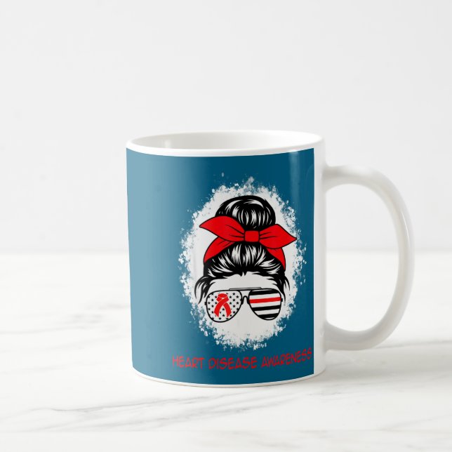 Heart Disease Awareness Red Ribbon Heart Messy Bun Coffee Mug (Right)