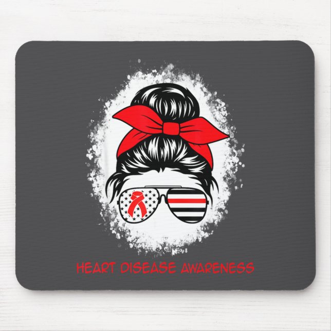 Heart Disease Awareness Red Ribbon Heart Messy Bun Mouse Pad (Front)