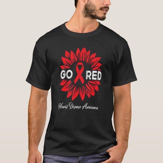 Heart Disease Sunflower Go Red Heart Disease Aware T-Shirt (Front)