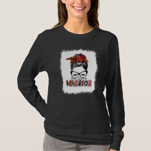 Heart Disease Warrior Leopard Messy Bun Heart Heal T-Shirt