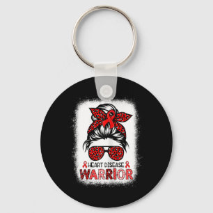 Heart Disease Warrior Red Ribbon Messy Bun Leopard Key Ring