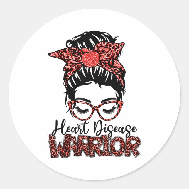 Heart Disease Warrior Red Ribbon Messy Hair Bun Te Classic Round Sticker (Front)