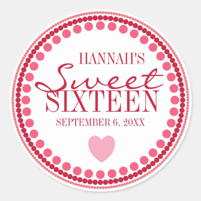 Heart & Dots Sweet 16 Red & Pink Custom Classic Round Sticker (Front)