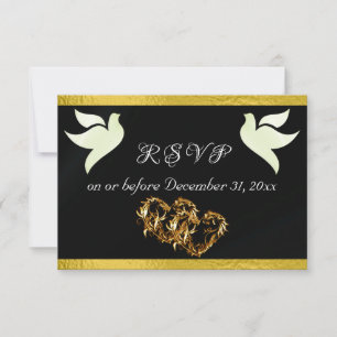 Heart, Doves & Ribbon - Black/Gold RSVP Card