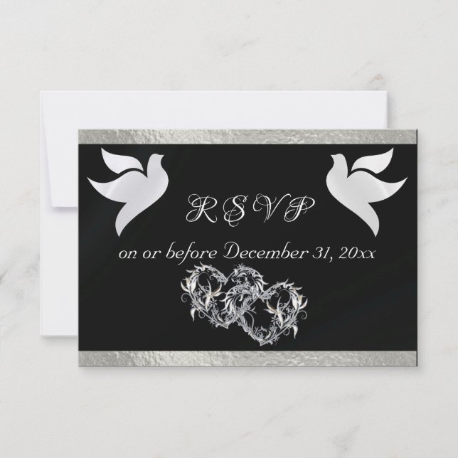 Heart, Doves & Ribbon - Black/Silver RSVP Card (Front)