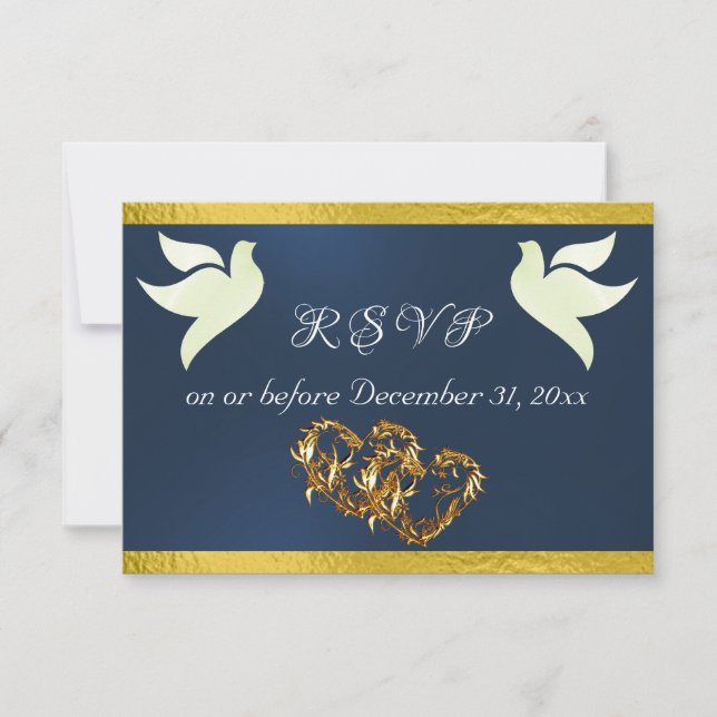 Heart, Doves & Ribbon - Blue/Gold RSVP Card (Front)