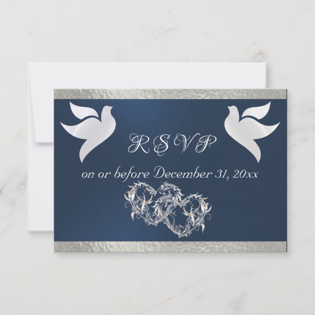 Heart, Doves & Ribbon - Blue/Silver RSVP Card (Front)
