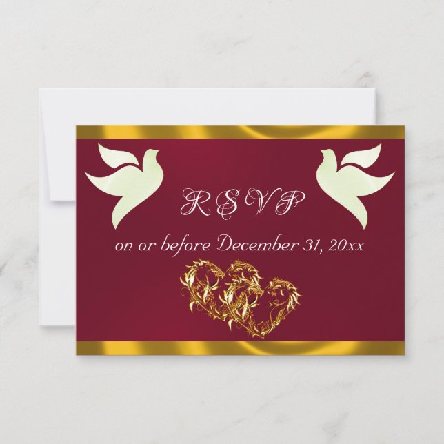 Heart, Doves & Ribbon - Burgundy/Gold RSVP Card (Front)
