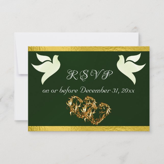Heart, Doves & Ribbon - Emerald/Gold RSVP Card (Front)