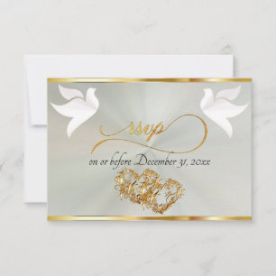 Heart, Doves & Ribbon - Pastel Sage/Gold RSVP Card