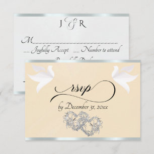 Heart, Doves & Ribbon - Peach Pearl/Silver RSVP Card