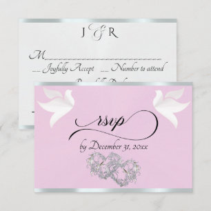Heart, Doves & Ribbon - Pink Pearl/Silver RSVP Card
