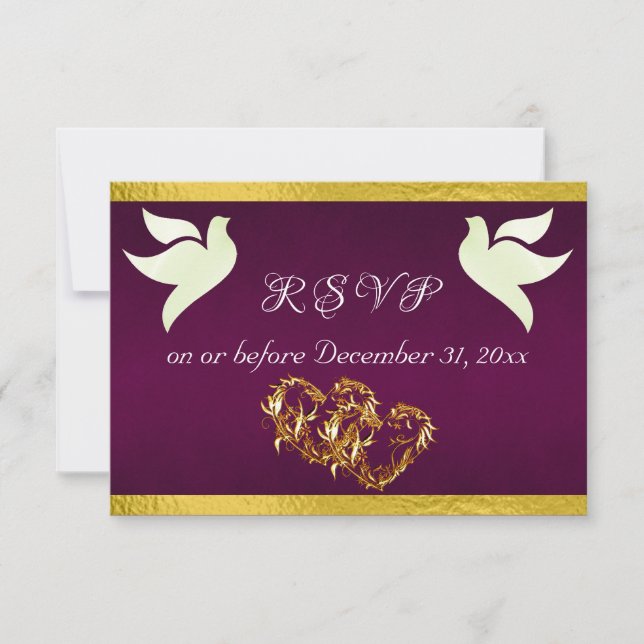 Heart, Doves & Ribbon - Purple/Gold RSVP Card (Front)