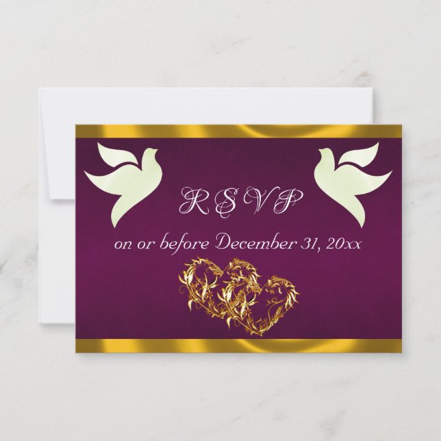 Heart, Doves & Ribbon - Purple/Gold RSVP Card (Front)