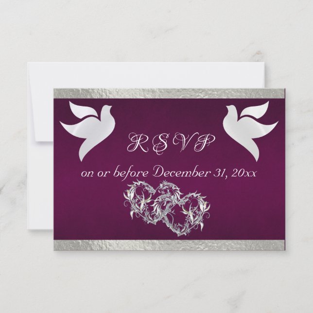 Heart, Doves & Ribbon - Purple/Silver RSVP Card (Front)