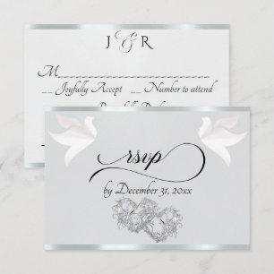 Heart, Doves & Ribbon - Silver Pearl/Silver RSVP Card