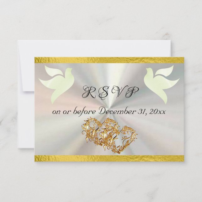 Heart, Doves & Ribbon - White/Gold RSVP Card (Front)