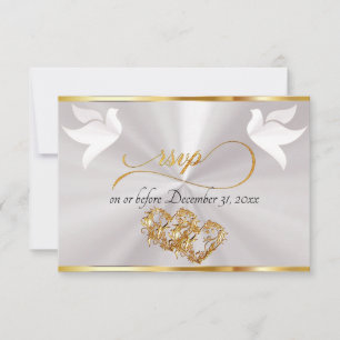 Heart, Doves & Ribbon - White Pearl/Gold RSVP Card