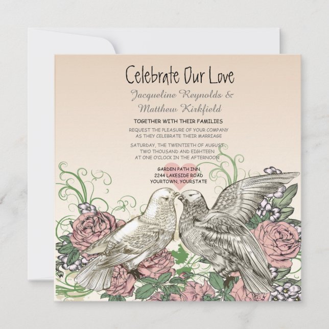 Heart Doves Rose Pink Romance Wedding Invitation (Front)