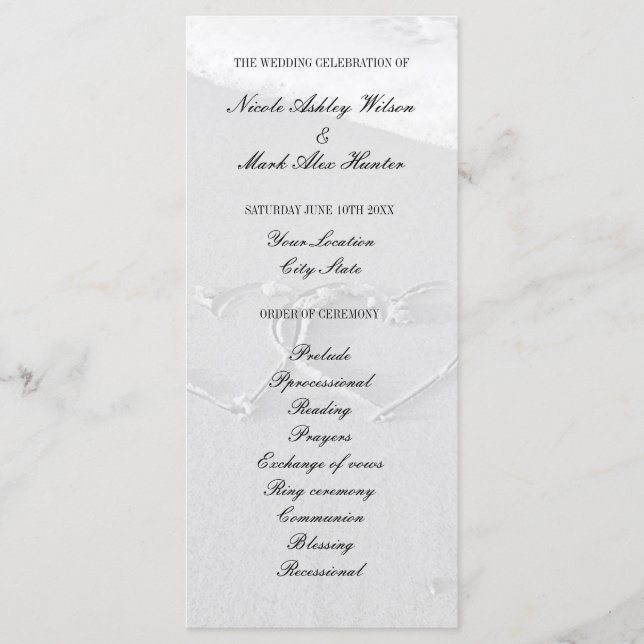 Heart drawn in beach sand wedding ceremony program (Front)