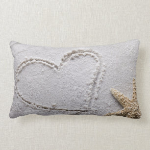 Heart Drawn in Sand at Beach w Starfish Template Lumbar Cushion