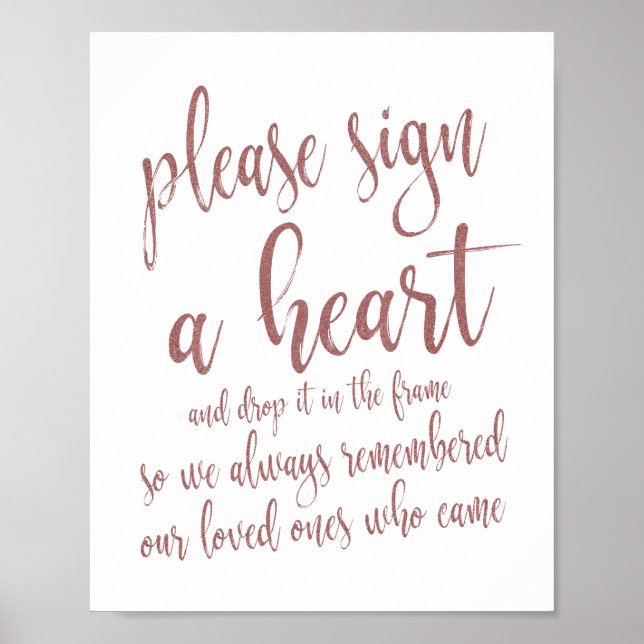 Heart Drop Guest Book Rose Gold Glitter 8x10 Sign (Front)