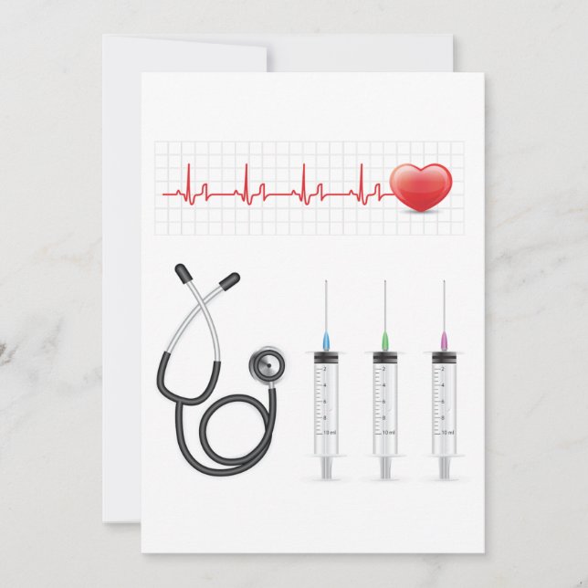 Heart ECG Monitor with Stethoscope and Syringes Invitation (Front)