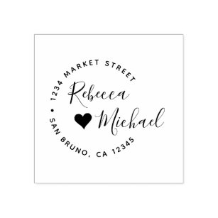 Heart & Elegant Round Text Wedding Return Address Rubber Stamp