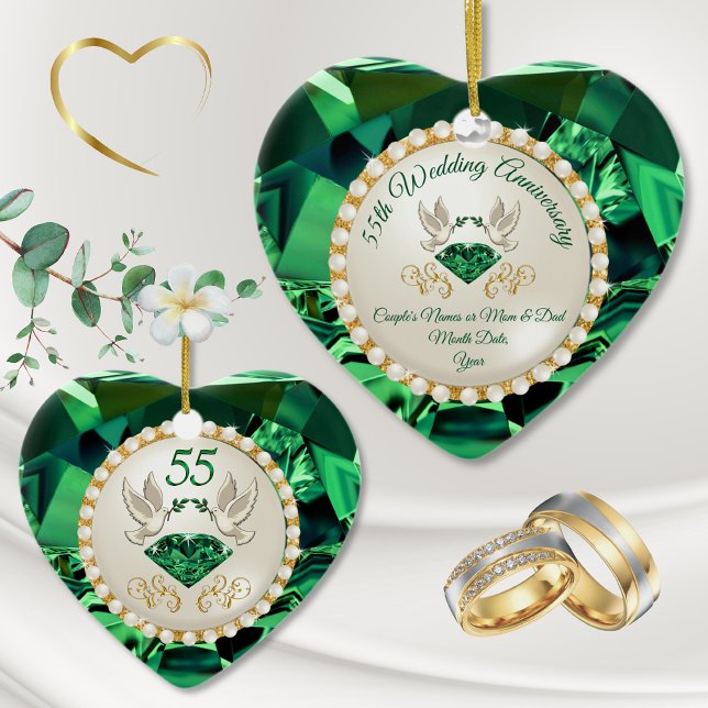 Heart Emerald, 55th Anniversary Gift Ideas Ceramic Ornament (Emerald Ornament. 55th Anniversary Ornament. Emerald Wedding Anniversary Ornament.)