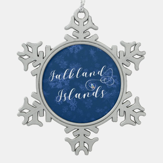 Heart Falkland Islands Flag, Falkland Isles Snowflake Pewter Christmas Ornament (Front)