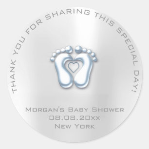 Heart Feet Baby Shower Favour Boy Thank Grey Blue Classic Round Sticker