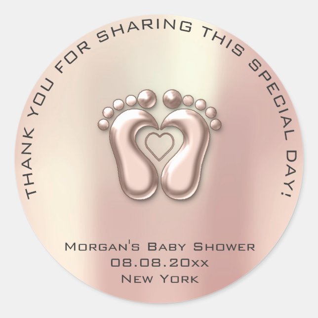 Heart Feet Baby Shower Favour Gift Thank Grey Rose Classic Round Sticker (Front)