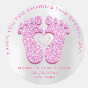 Heart Feet Baby Shower Favour Gift Thank Pink Grey Classic Round Sticker