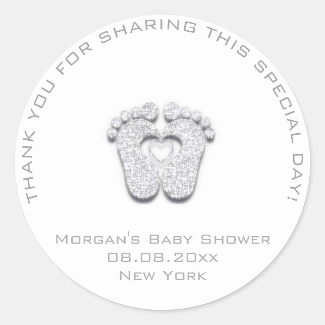 Heart Feet Baby Shower Favour Girl Thank Grey Whit Classic Round Sticker (Front)
