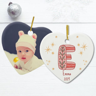 Heart First Christmas Baby Girl with Initial E Ceramic Ornament