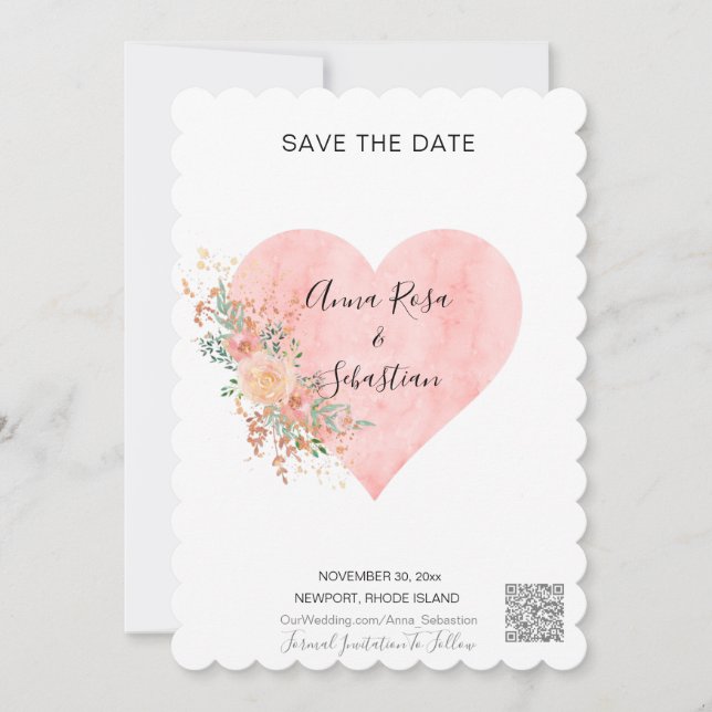 *~* Heart Floral AR6 WEDDING SAVE the DATE QR Invitation (Front)