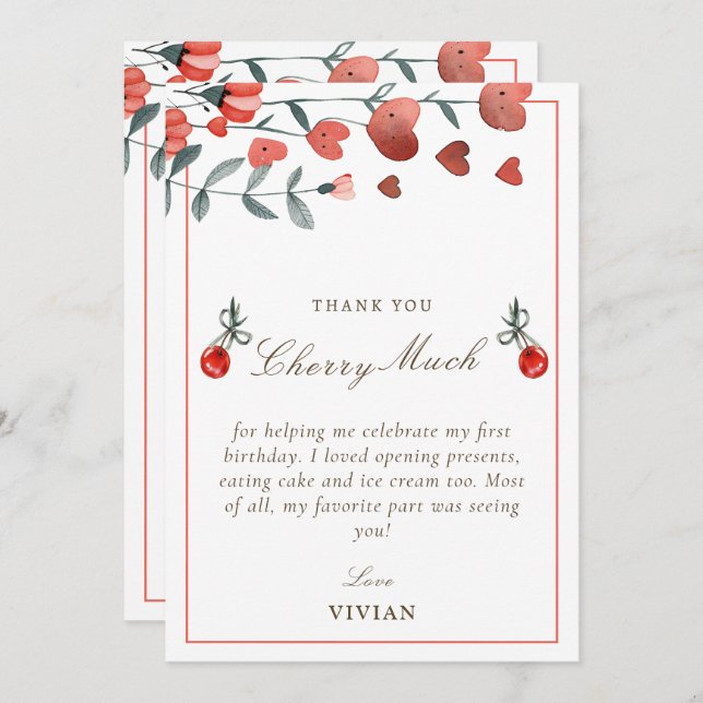 Heart Floral Cherry On Top Birthday Thank You Card (Front/Back)