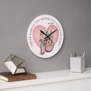 Heart Floral Stethoscope Nurse Office Large Clock