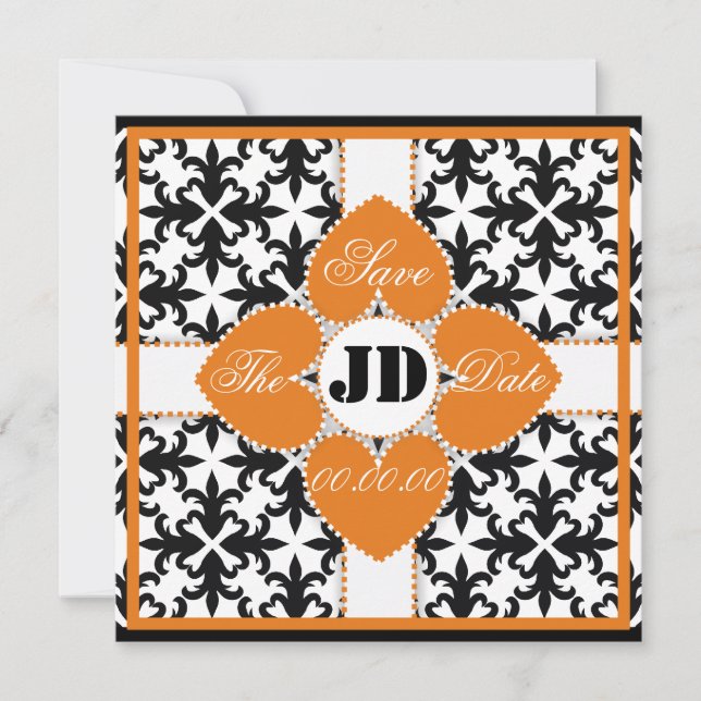 Heart Flower On Damask Save The Date Announcements (Front)