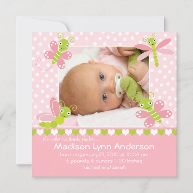 Heart Flutter Baby Girl Photo Announcement (Front)