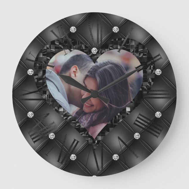 Heart Frame Custom Photo Black Diamonds Throw Pill Large Clock (Front)
