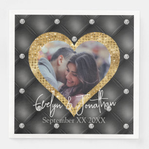 Heart Frame Custom Photo Black & Gold Diamonds Napkin