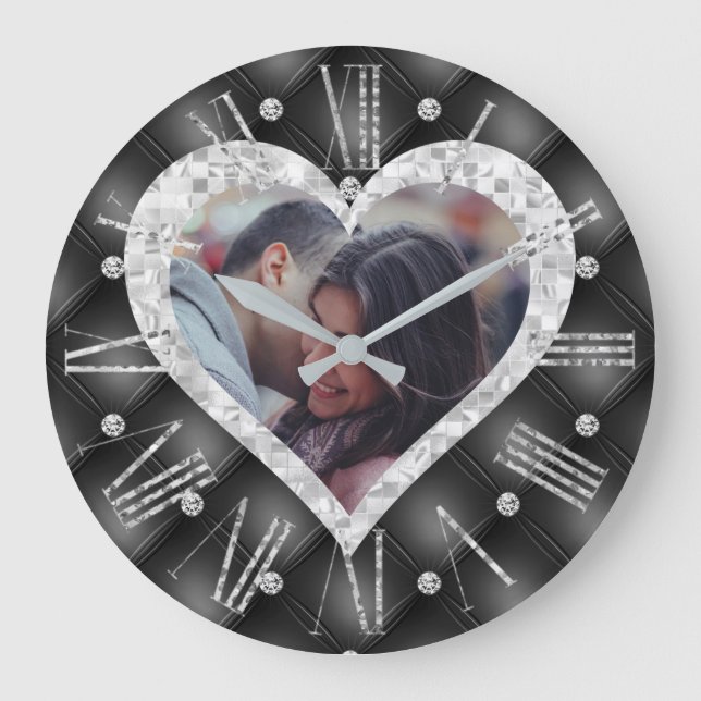 Heart Frame Custom Photo Black & Silver Diamonds Large Clock (Front)