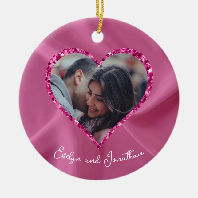 Heart Frame Custom Photo Blush Pink with Diamonds Ceramic Ornament (Front)