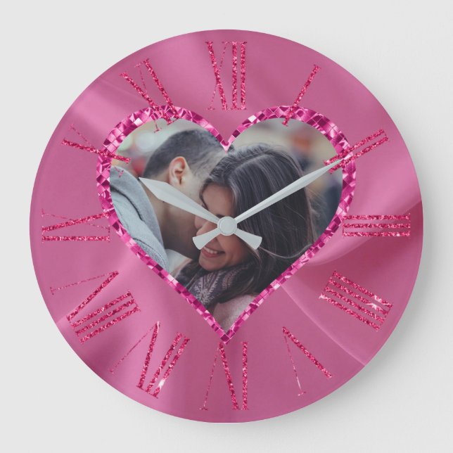 Heart Frame Custom Photo Blush Pink with Diamonds Large Clock (Front)