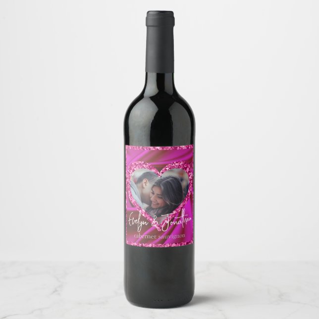 Heart Frame Custom Photo Fuschia Silk & Diamonds Wine Label (Front)