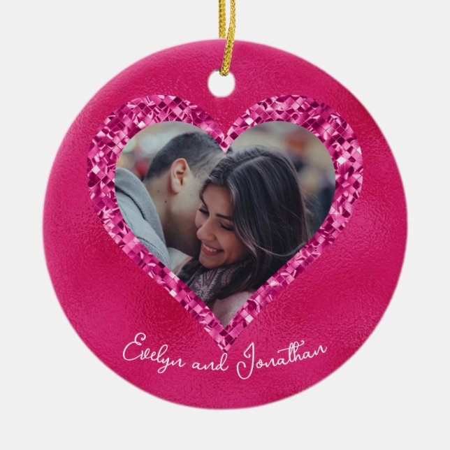Heart Frame Custom Photo Hot Pink with Diamonds Ceramic Ornament (Front)