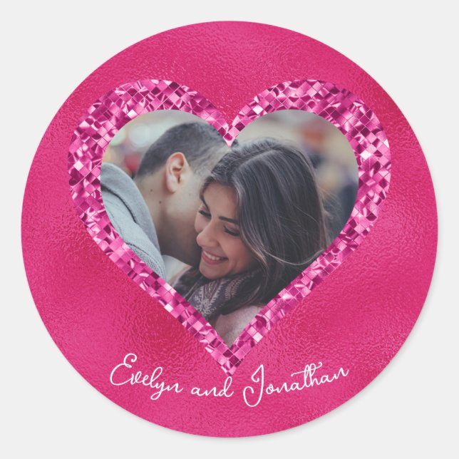Heart Frame Custom Photo Hot Pink with Diamonds Classic Round Sticker (Front)
